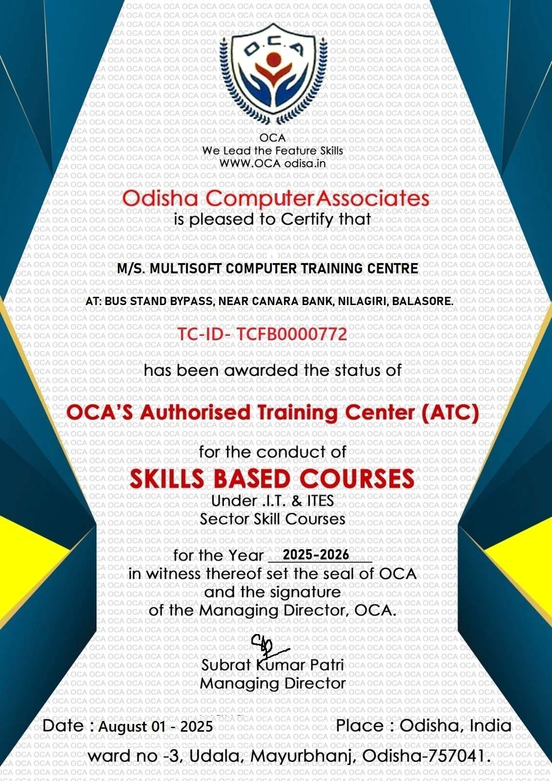 Excellence in Training Certificate